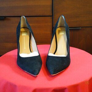 Dolce Vita Black Suede Pointed Toe Pumps With Gold Trim.